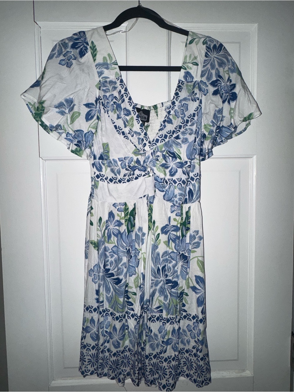 Angie White Midi Dress with Blue Floral & Green Leaf Print